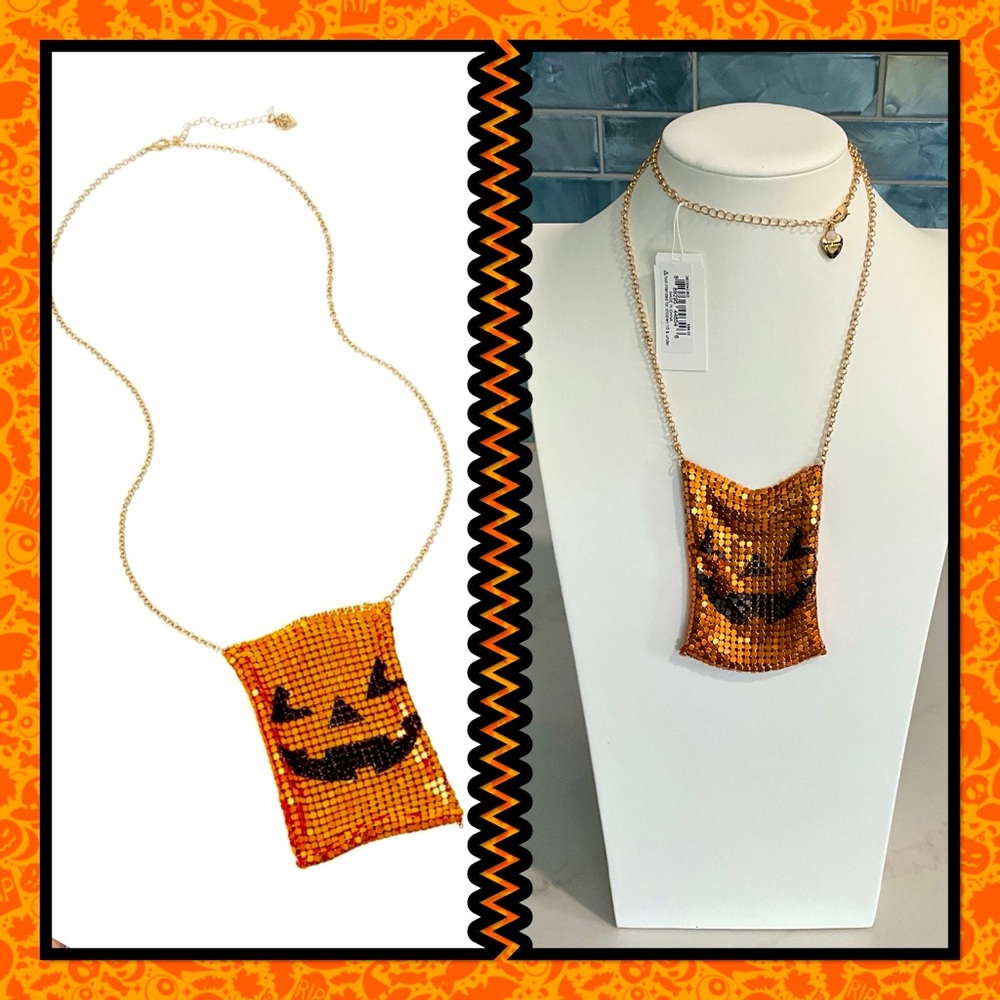 Betsey Johnson Metal Mesh Halloween Jack-O-Lantern Pouch Necklace NEW WITH TAGS!